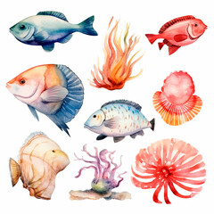 Naklejka premium fish set watercolor on a white background created with Generative Ai