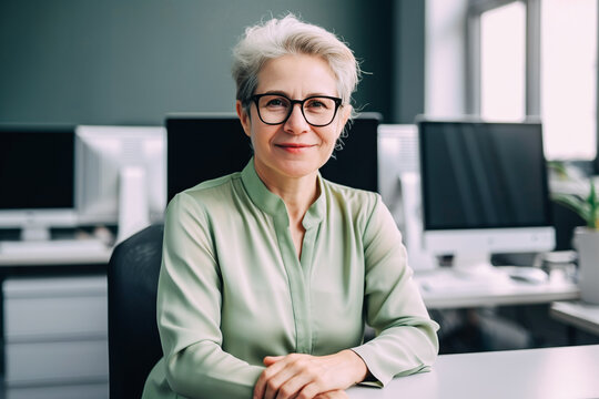 Beautiful middle-aged financial business woman executive, with gray hair and glasses, looks at the camera and smiles