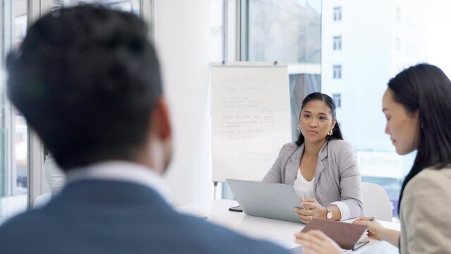 Business people meeting, leader pr question about development strategy, corporate agenda or group plan. Team collaboration, employee engagement or man raise hand to ask woman about project management