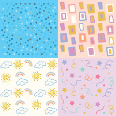 set of colorful vector patterns from dots, confetti background, rainbow and suns pattern, colorful texture