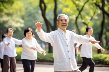 Group of elderly people performing Tai Chi exercise in a park