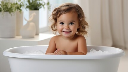 
Cute little baby taking bath. Adorable child having fun. Generative AI.
