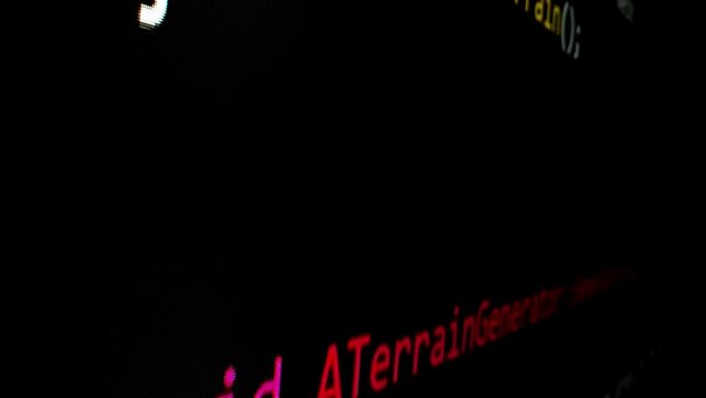 Closeup macro shot movement of coding script moving across LED screen with real-time AI-generated typing, showcasing advanced AI learning in optimization, debug and coding for software development.