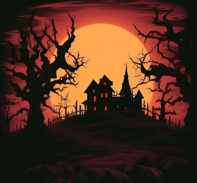 Halloween background, forest, house and moon, graphic style. AI generative
