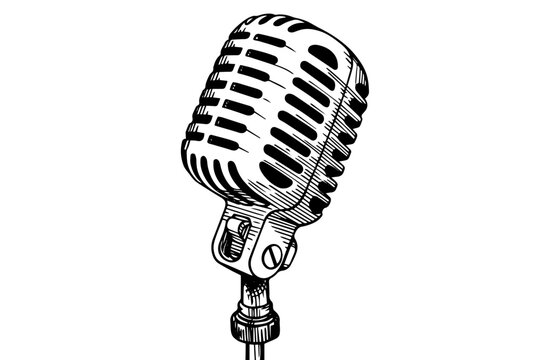 Vintage retro microphone hand drawn sketch engraving style vector illustration.