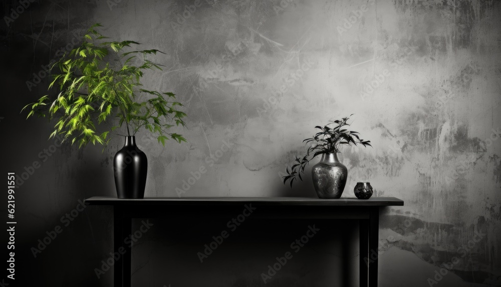 Wall mural a table with two vases and a plant on it. generative ai image.