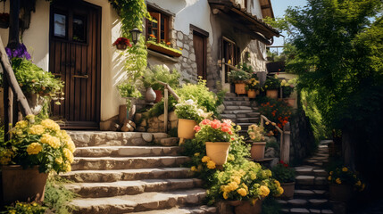 Hobbit house stairs lined with potted flowers in front of buildings, in the style of rustic textures, charming, idyllic rural scenes