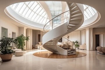Interior of a modern hotel lobby with a staircase. 3d rendering.  