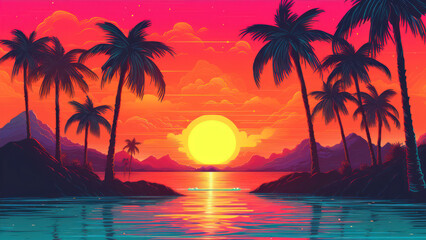 Naklejka na ściany i meble Sunset over tropical island with palm trees generative ai