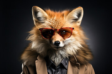 Portrait of red fox with sunglasses wearing winter jacket and shirt on solid background. Generative AI.