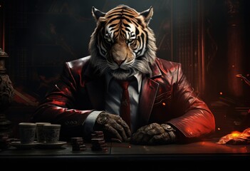 Animal tiger play poker blackjack in a casino, fantasy