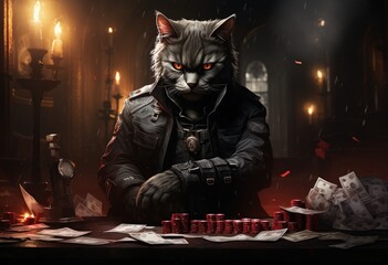 Fototapeta na wymiar Animal cat play poker blackjack in a casino, fantasy