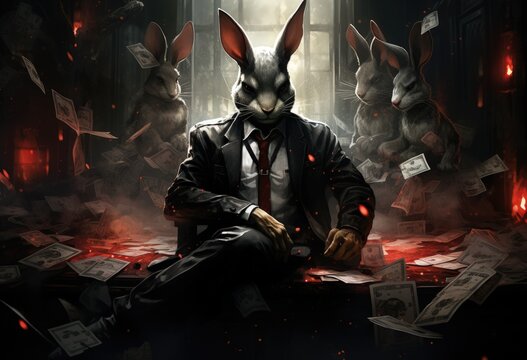 Animal rabbit play poker blackjack in a casino, fantasy