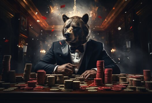 Animal Bear Plays Poker Blackjack In A Casino, Fantasy