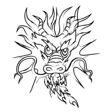 Drawn with Paintbrush Dragon Head Silhouette. Chinese Dragon New Year. Black and white Traditional Japanese Dragon with Fire. Cartoon style vector illustration.