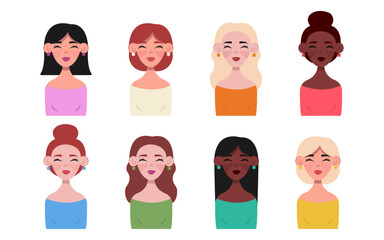 Set of illustrations of beautiful female avatars. Vector graphic.