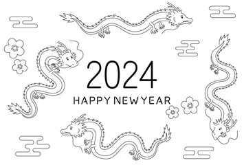 辰年　年賀状　正月用線画イラスト