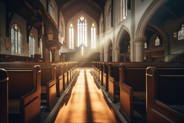 interior of a church with sunlight coming through the window