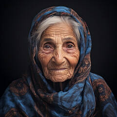 Fototapeta na wymiar Alte Frau Gesicht mit vielen tiefen Falten und Kopftuch schaut traurig Nahaufnahme, ai generativ