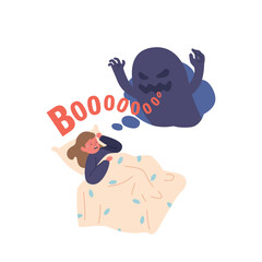 Terrified Child Lying on the Bed, Eyes With Tears and Fear, As The Shadowy Presence Of A Ghost Looms Nearby