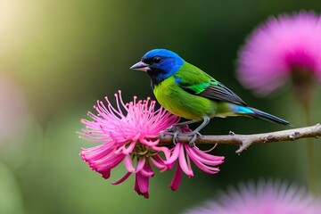 lilac roller bird suckling nectar from beautiful flowers generated AI