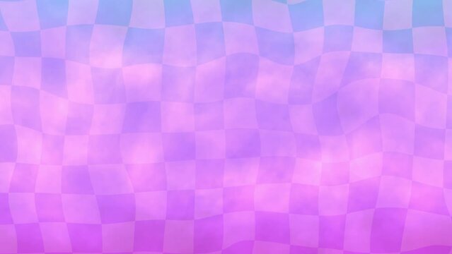 Retro animated background with black and white checkered floor, vaporwave aesthetics, pastel colors. Chess board style loop. Surreal vaporwave with a checkerboard floor. Background with smoke or fog