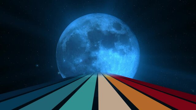 Vintage Striped Backgrounds, Loop Samples, Retro Colors from the 1970s 1980s, 70s, 80s, 90s. Retro vintage 70s style stripes background footage lines. Full moon with road or highway eighties color
