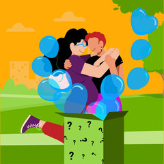LGBT Parenthood - Embracing Diversity in Parenting - Affectionate Queer Couple Embraced by Blue Balloons in Baby Gender Reveal