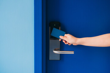 Electronic card key for open door in hotel. Smart card key to lock and unlock door. Security...