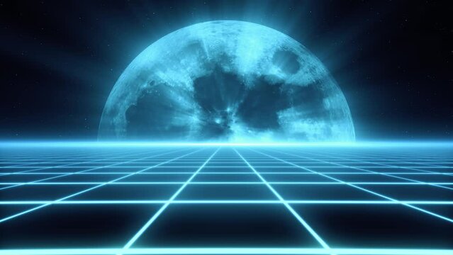 Trendy retro futuristic blue neon lights 3d road to the moon on starry background. 3D render. Retrowave VJ videogame landscape, neon lights and low poly terrain grid. Retro full moon. Seamless loop.	