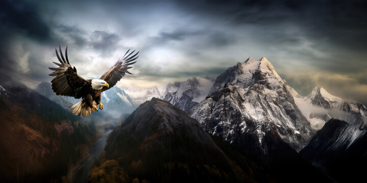 Bald eagle flying high in the mountains. Panoramic view.