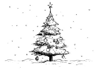 Christmas tree vector illustration. Hand drawn, engraving, ink, sketch.