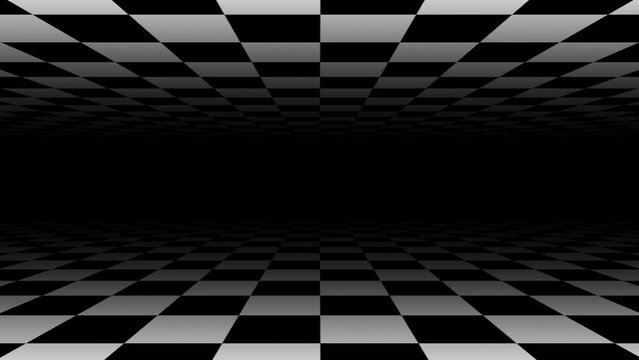 Abstract CGI motion background with moving checkered surfaces in perfect seamless loop. Looped passing through black and white checkered floor animation. Moving forward through vintage chess board