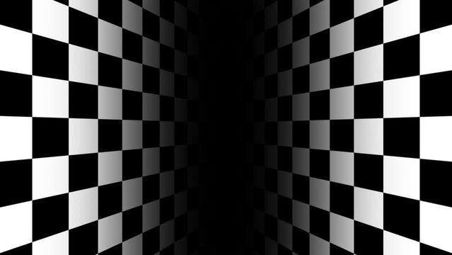 Abstract CGI motion background with moving checkered surfaces in perfect seamless loop. Looped passing through black and white checkered floor animation. Moving forward through vintage chess board