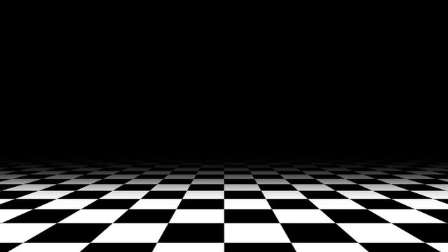 Abstract CGI motion background with moving checkered surfaces in perfect seamless loop. Looped passing through black and white checkered floor animation. Moving forward through vintage chess board