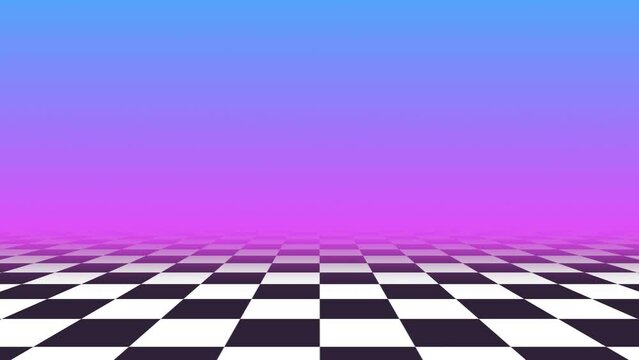Retro animated background with black and white checkered floor, vaporwave aesthetics, pastel colors. Chess board style loop. Surreal vaporwave with a checkerboard floor. Vintage style retro background