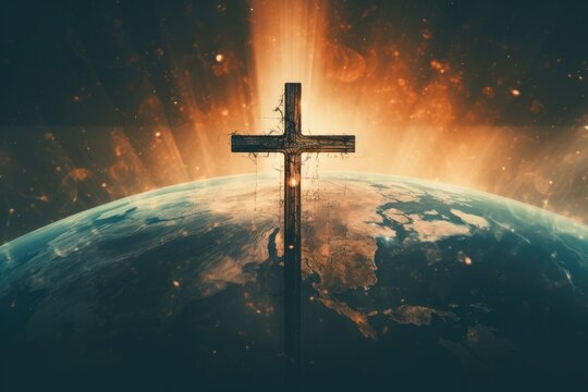 Cross of Jesus Christ in front of the Earth. 3d rendering