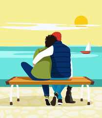 Everyday Life: Everyday Living - A gay couple embracing, watching the sea and the sunset.