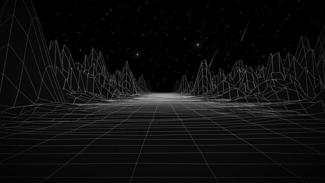 Trendy retro futuristic grey landcape 3d surface among mountains with dark space background. 3D render. Retrowave VJ videogame landscape, neon lights and low poly terrain grid. Seamless loop.	
