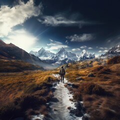 Obraz premium Hiker on the trekking trail in the mountains