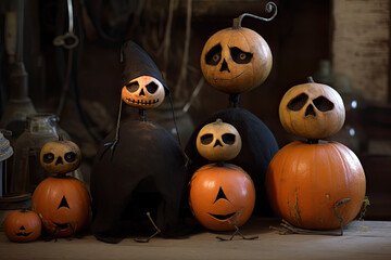Halloween holiday themed image with creepy pumpkins. Generative AI.