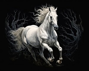 Fototapeta na wymiar In the dark, a white horse gallops on a black background. (Illustration, Generative AI)