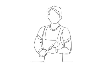 A man holding a wrench with both hands. Labor Day one-line drawing