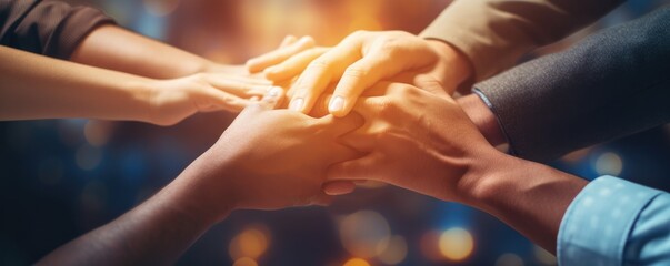Stack of hands showing unity and teamwork, office background, panorama. Generative Ai.