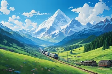Zelfklevend Fotobehang anime style countryside scenery © hamsah