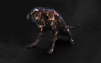3d illustration of undead Zombie dog with clipping path. Dangerous revived animal with creepy expression on dark background.