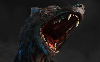 3d illustration of undead Zombie dog with clipping path. Dangerous revived animal with creepy expression on dark background.