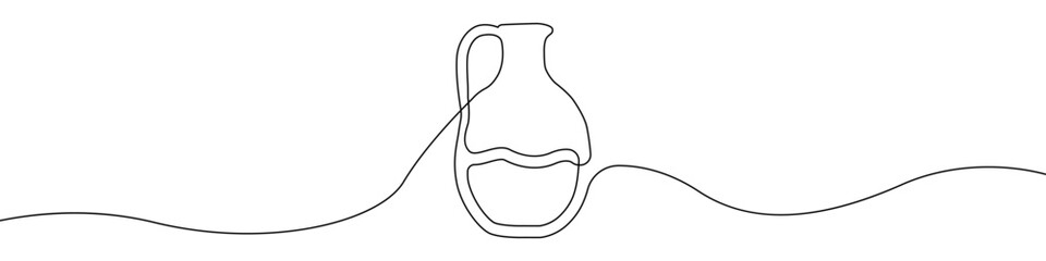 Jug glass icon line continuous drawing vector. One line Jug, milk, juice, wine icon vector background. The pitcher pours milk, juice, wine icon. Continuous outline of a Jug.