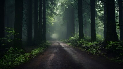 Fototapeta premium Dark forest with fog in the morning. Beautiful nature scenery of Northern Europe AI generated