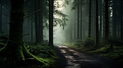 Dark forest with fog in the morning. Beautiful nature scenery of Northern Europe AI generated